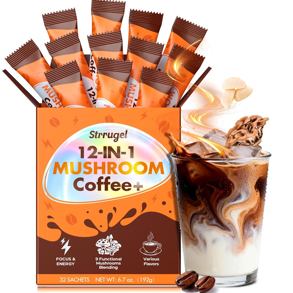 Organic Mushroom Coffee with Lion’s Mane & Reishi - 9 Functional Mushrooms + Ashwagandha for Focus, Energy & Stress Relief - Low Caffeine Instant Coffee Sticks, 32 Servings
