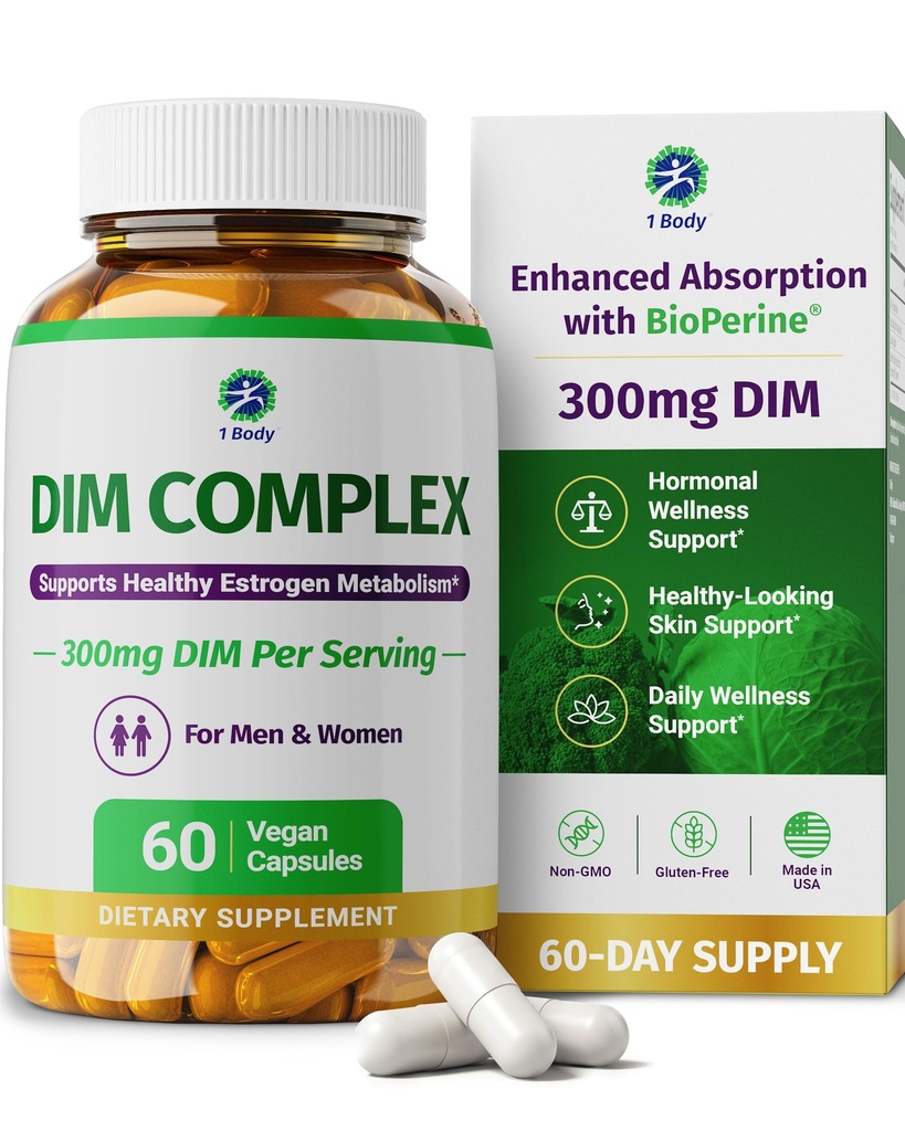 1 Body DIM Complex 300mg with BioPerine® – Diindolylmethane, Broccoli Extract & Calcium D-Glucarate – Supports Hormone Balance, Skin Health & Mood – Non-GMO, Gluten-Free, 60 Vegan Capsules