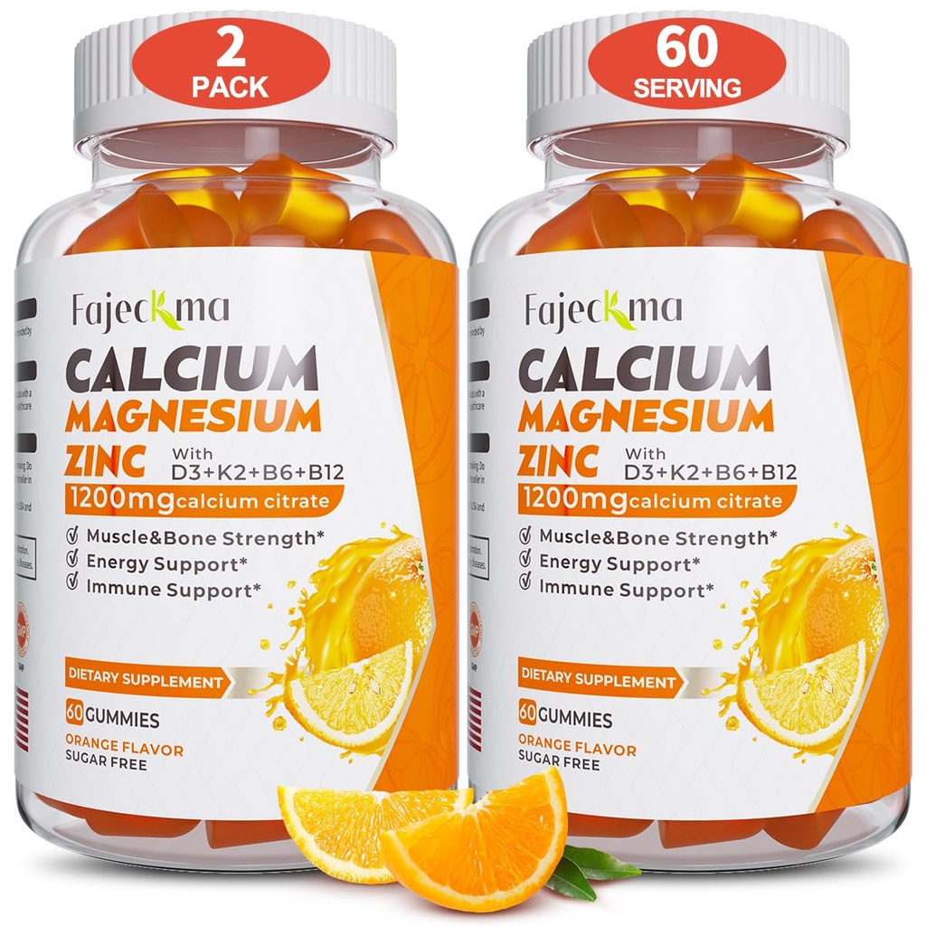 Calcium Magnesium Zink-Gummi für Erwachsene: 1200mg Calcium-Zitrat mit Vitamin D3 K3 - Natural Organic Sugar Free High Absorption Supplement für Damen Kinder (120Count)