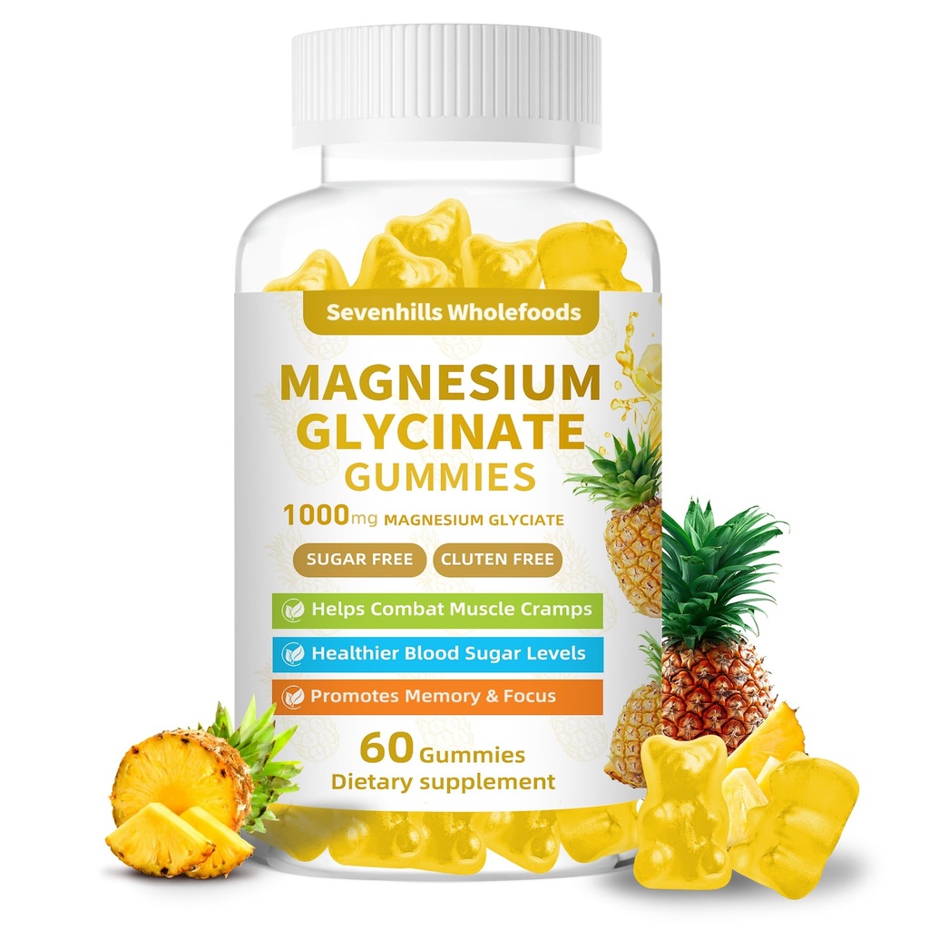 Magnesium Glycinate Gummies 1000mg - Sugar Free Magnesium Potassium Supplement for Relaxation, Calm, Stress Relief, and Sleep Support for Adults & Kids - 60 Pineapple Gummies