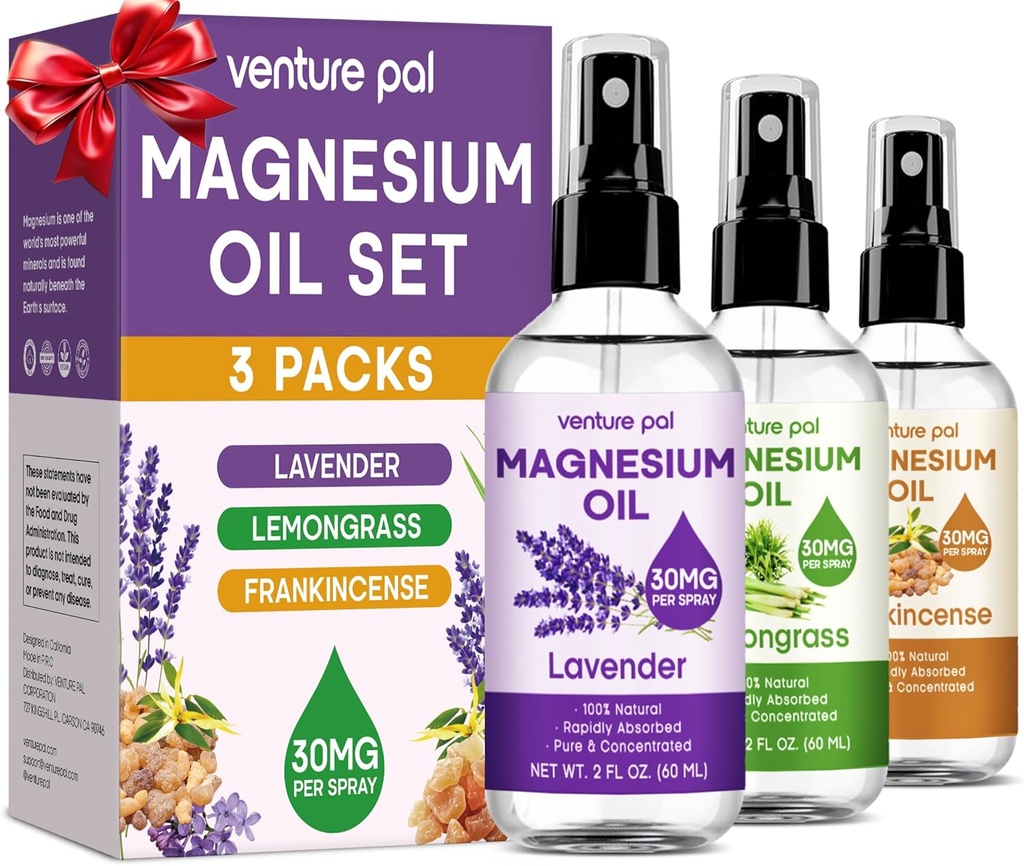 Venture Pal 3-Pack Topical Magnesium Öl Spray Set für Füße – Ideales Geschenk für Entspannung, besserer Schlaf, Muskelentlastung für Beine & Gelenke, Gesundes Haar & Haut. Schnelle Absorption, nicht fettig