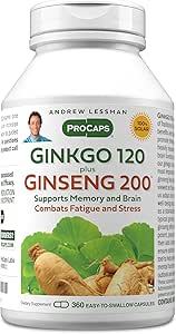 ANDREW LESSMAN Ginkgo 120 Plus Ginseng 200mg - 360 Capsules - Standardized Extract Blend to Support Brain, Memory and Cognitive Function. Adaptogen, Combats Stress and Fatigue. No Additives