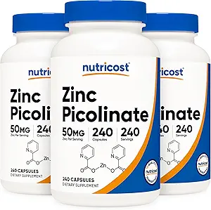 Nutricost Zink Picolinate 50mg, 240 Vegetarische Kapseln (3 Flaschen) - Glutenfrei und nicht-GMO