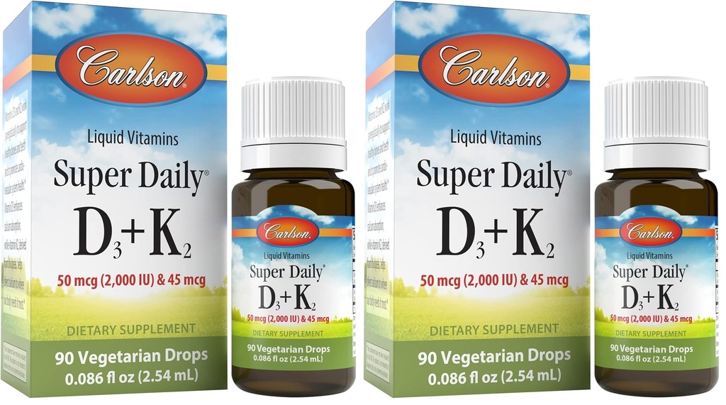 Carlson - Super Daily D3 + K2, 50 mcg D3 + 45 mcg MK-7, Heart & Bone Health, 90 Liquid Drops, 2.54 ml (Pack of 2)