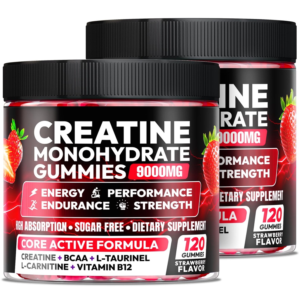 Creatine Monohydrate Gummies for Men & Women, Creatine Gummies Pre Workout Creatine Chews for Muscle Growth, Strength & Energy, with L-Taurine, Sugar Free, Vegan, 2 Pack, Strawberry Flavor