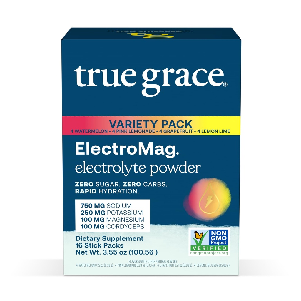 True Grace ElectroMag - 16 Stick Packs (Variety Pack) - Electrolyte Powder for Rapid Hydration - Sodium, Potassium, Magnesium & Cordyceps - Zero Sugar & Carbs - Non-GMO - 16 Total Servings