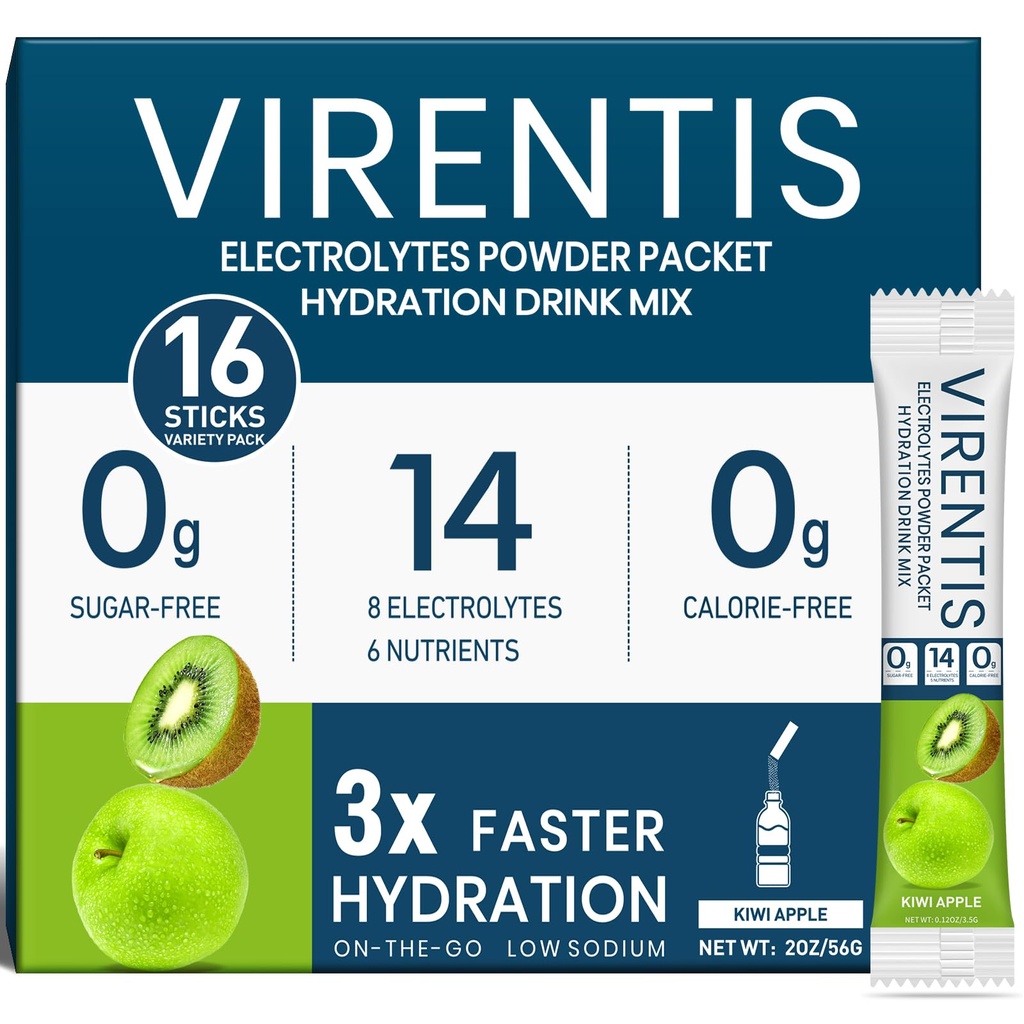 16 Sticks Electrolytes Powder Packets Sugar Free Hydration Packets Liquid Daily IV Electrolyte Drink Mix for Rehydration with 8 Electrolytes & 6 Vitamins, Low Sodium, Kiwi Apple