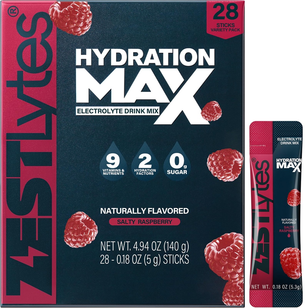 28 Sticks Salty Raspberry Sugar Free Electrolyte Hydration Packets, High Sodium Low Calorie Electrolyte Powder Drink Mix, Liquid Daily IV Flavor, 2 Hydration Factors