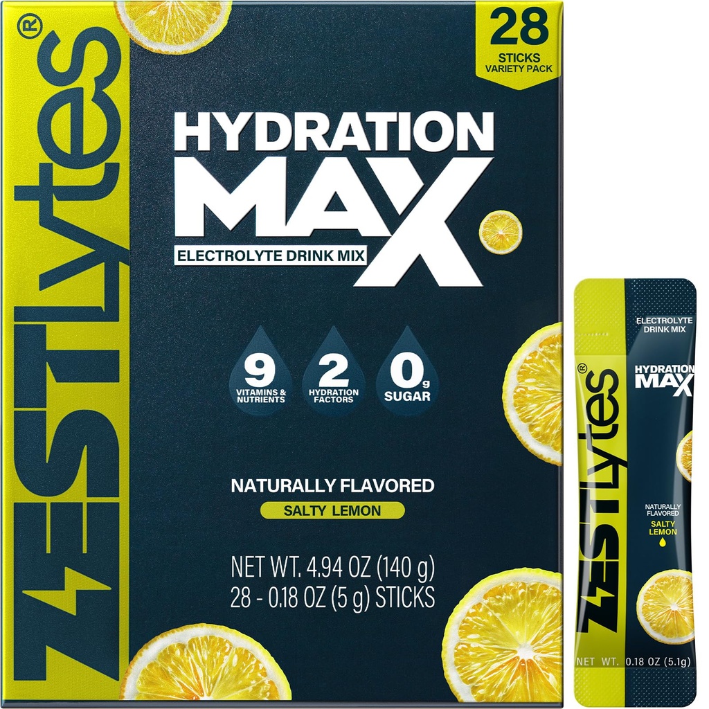 28 Sticks Salty Lemon Sugar Free Electrolyte Hydration Packets, High Sodium Low Calorie Electrolyte Powder Drink Mix, Liquid Daily IV Flavor, 2 Hydration Factors