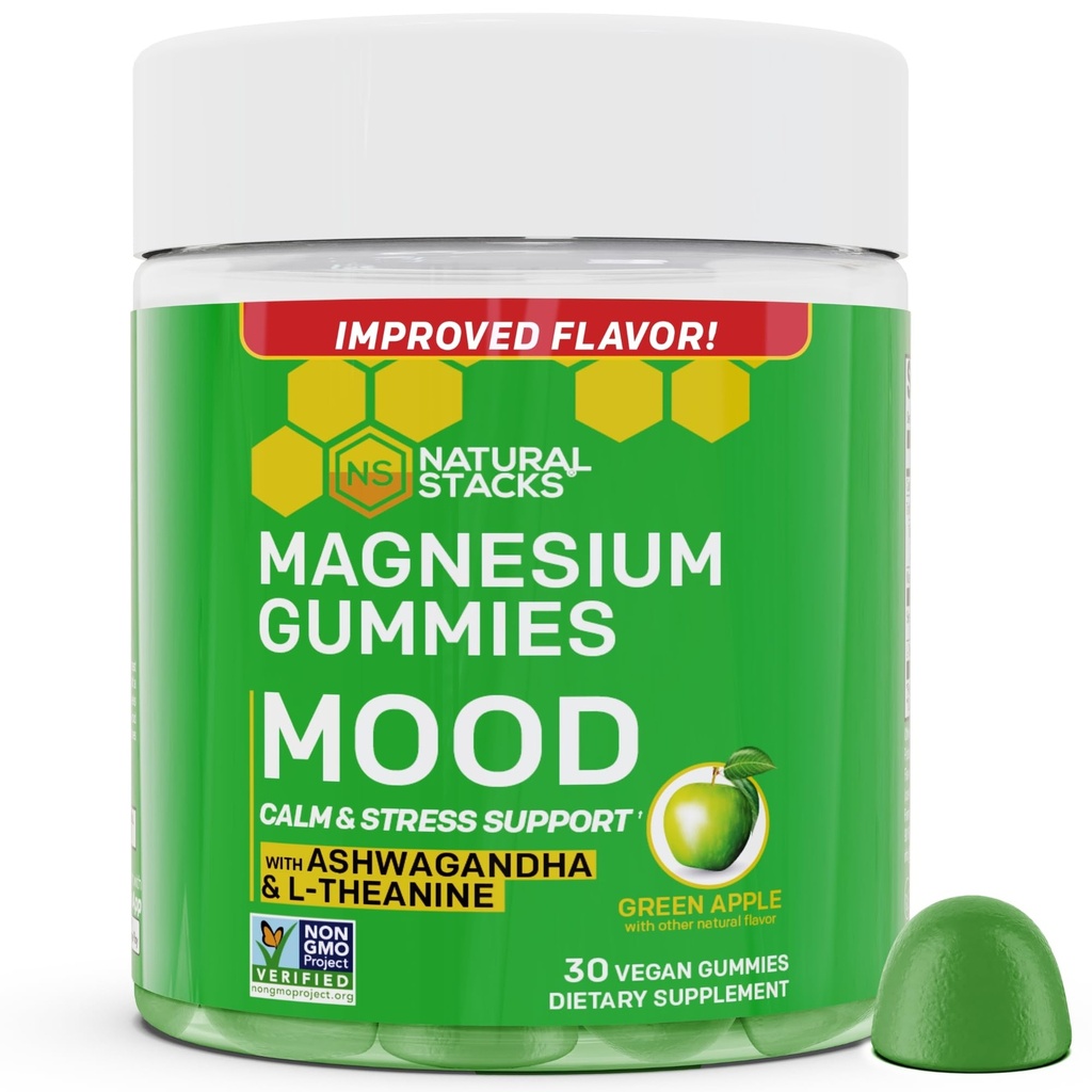 Mood Magnesium Gummi - 200mg Magnesium Citrate & 125mg Sensoril Ashwagandha Gummies - mit L Theanine für Calm & Stress Support - Mag Citrate und Ashwagandha Supplement - 30 Green Apple Chewables