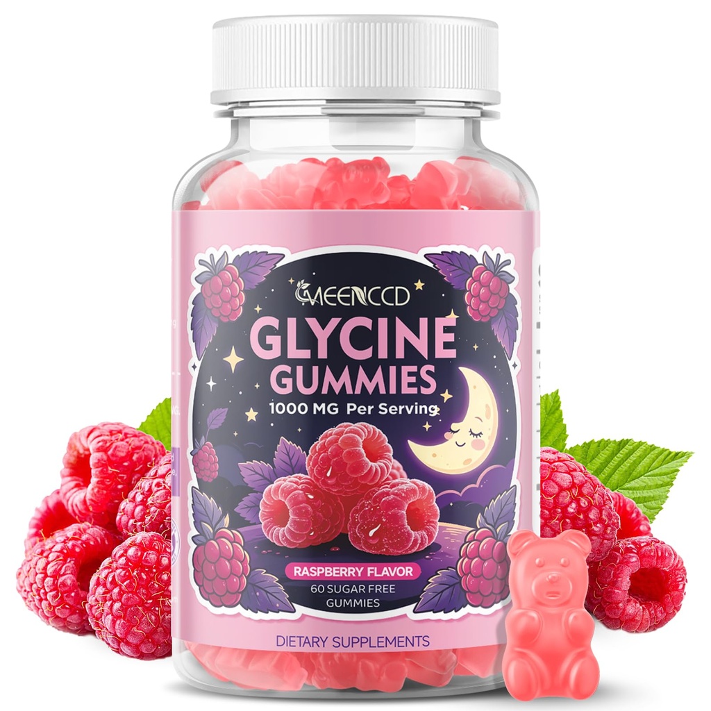 Glycine Gummies 1000mg, Glycine Supplement for Relaxation and Nerve Support | Sugar-Free, Vegan, Non-GMO, Raspberry Flavor, 60 Count