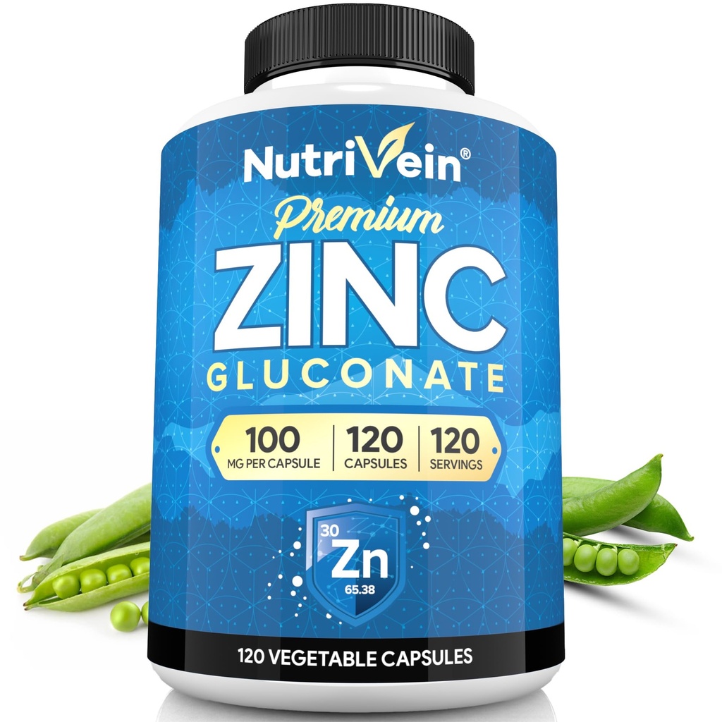 Nutrivein Premium Zink Gluconate 100mg - 120 Kapseln: Hoch-Absorption Zink Gluconate Ergänzungen für Ganzkörper Well-Being - Essential Elements for Wellness