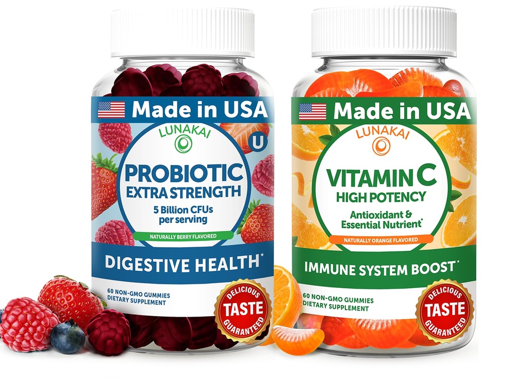 Lunakai USA Made Probiotic & Vitamin C High Potency Gummies Bundle – Digestive & Immune System Support – Naturally Flavored – 60 Non-GMO Gummies Each