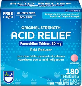 Rite Aid Säure Reducer, Original Strength Famotidin Tabletten, 10 mg - 2 Flaschen, 90 Zählen Sie alle (180 Zähler Gesamt) | Sodbrennen Relief | Säure Reflux | Antacid Chews & Tabletten, Sodbrennen Chews & Tablets