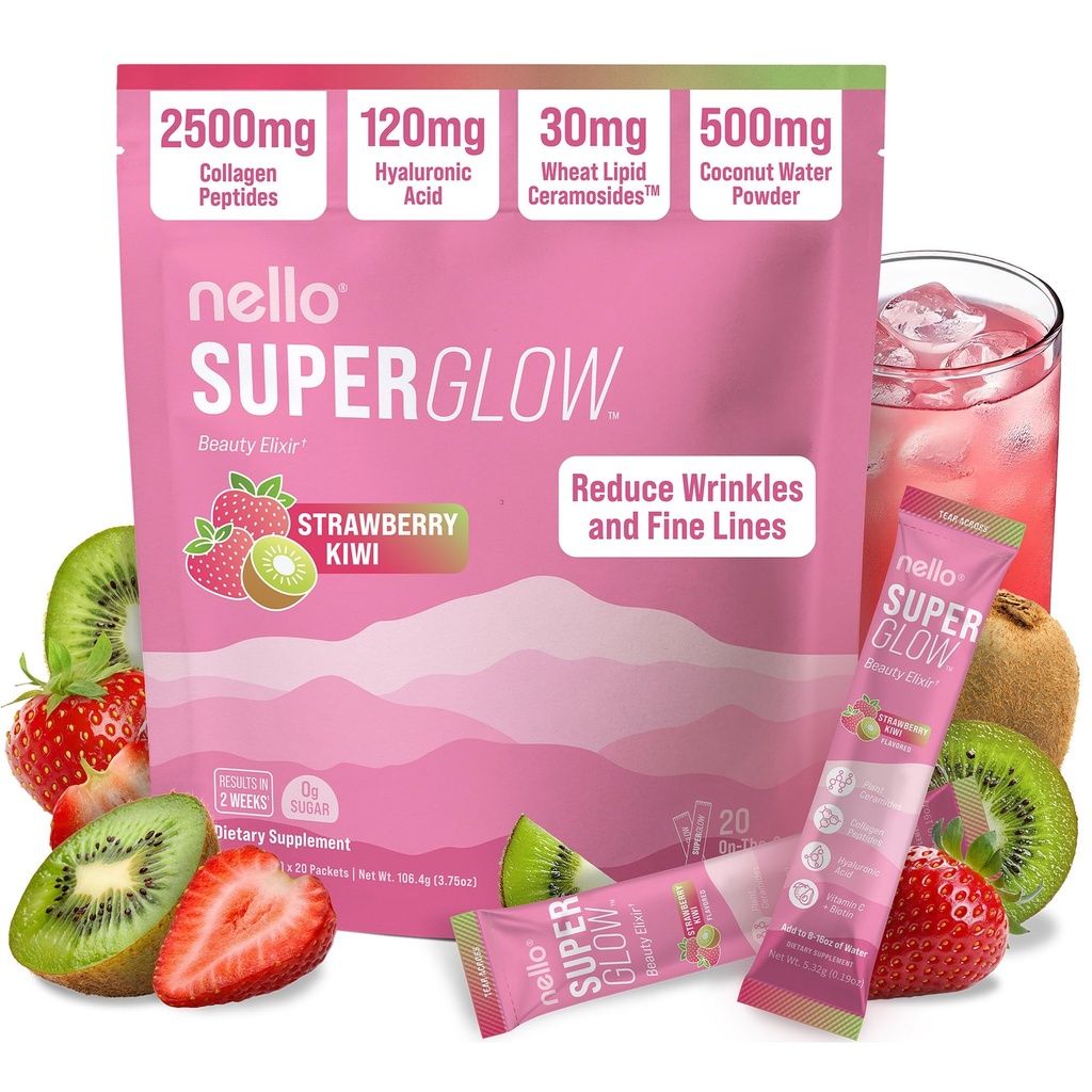 Nello Superglow Powdered Drink Mix, Skin Hydration, Glow & Hair Support, Collagen Peptides, Hyaluronic Acid, Ceramosides, Biotin & Vitamin C, 20 Stick Packs (Strawberry Kiwi)