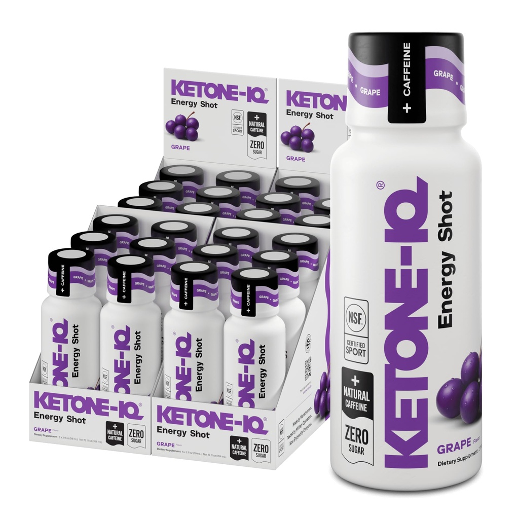 Ketone-IQ Caffeine Performance Energy Shots – Clean Energy for Focus & Endurance, 5g Ketones, 100mg Green Tea Caffeine, B Vitamins, 24 Pack (Grape)