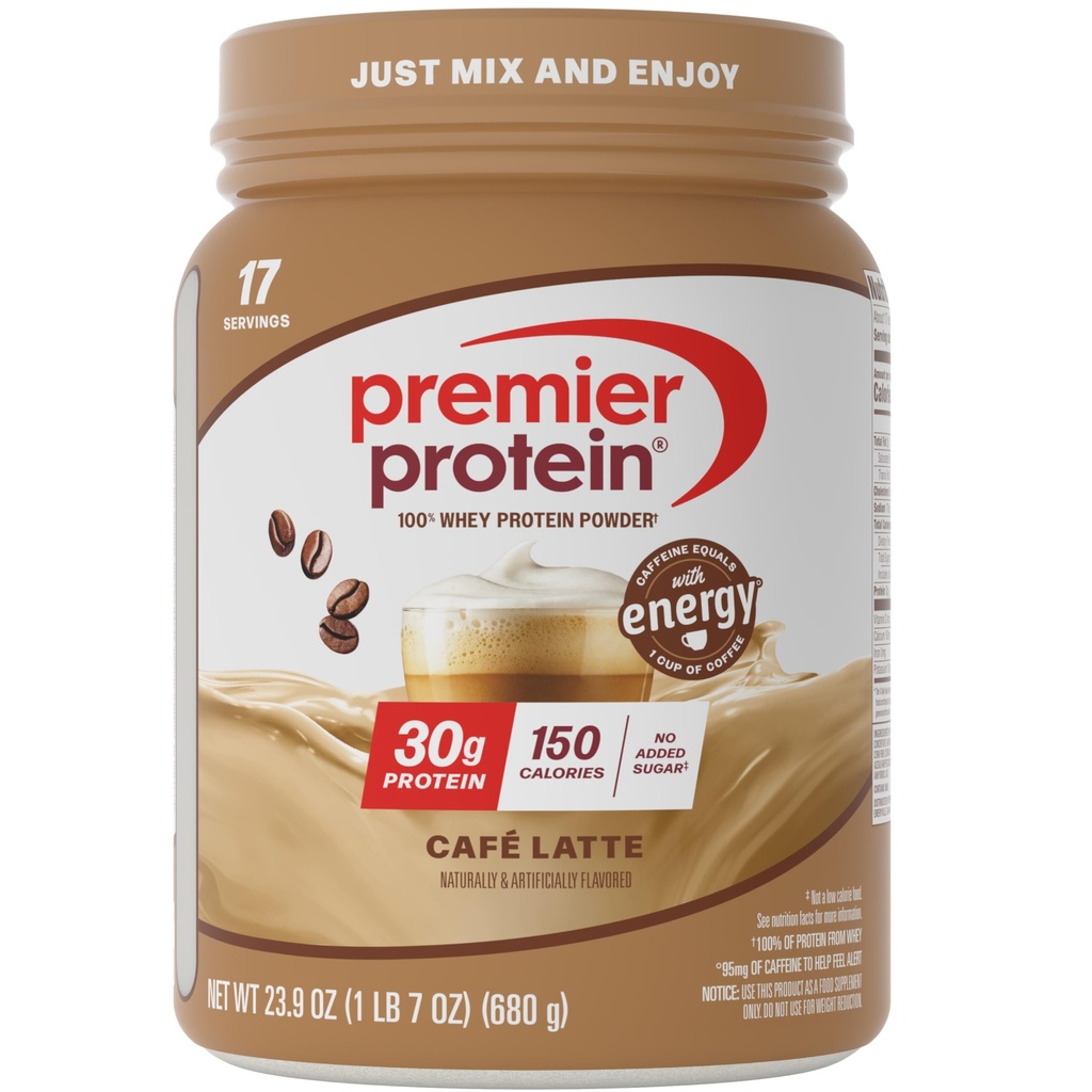 Premier Protein Powder, Café Latte, 30g Protein, 95mg Caffeine for Energy, No Added Sugar, 100% Whey Protein, Keto Friendly, Soy & Gluten Free, 23.9 oz (17 Servings)