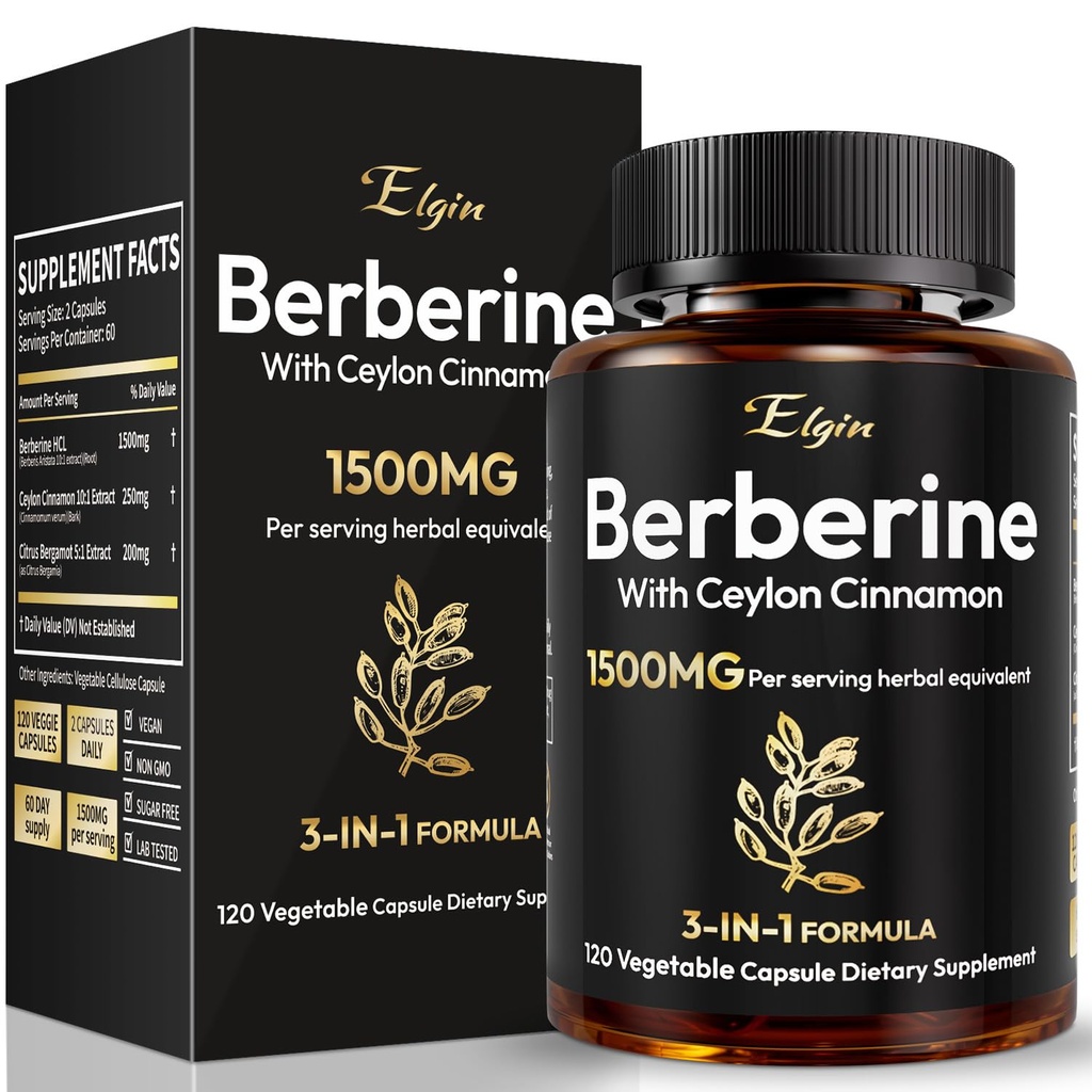 Berberine HCL 1500mg for Weight Loss with Ceylon Cinnamon & Citrus Bergamot | Triple Action Formula for Metabolic Support* | Third-Party Tested Certified, Vegan Capsules, 120 Count