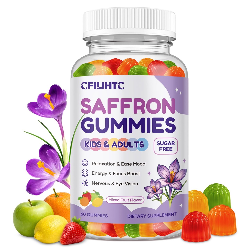 Saffron Gummies for Kids & Adults, 20-in-1 Saffron Supplements with 88.5mg Saffron Extract, B6, B12, C, D3, Magnesium for Calm, Focus, Nerve, Sugar Free, Vegan, Non-GMO - Mixed Fruit Flavor, 60 Counts