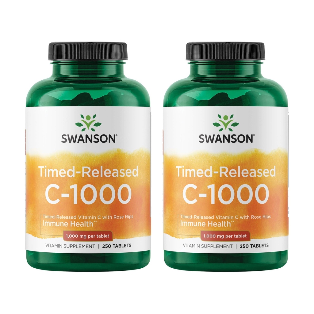 Swanson Timed-Release Vitamin C with Rose HIPS Immune System Support Skin Cardiovascular Health Antioxidant Supplement 1000 mg 250 Tablets (2 Pack)