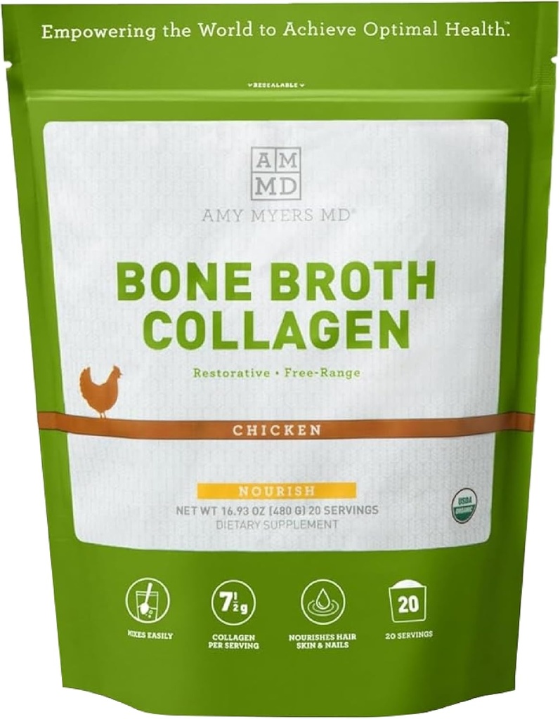 Amy Myers MD Bone Broth Collagen Powder - Organic Chicken Bone Broth - Unterstützt gesunde Haut und Nägel - für Gut Health & Joint Support - 20 Servierungen, Huhn Flavor