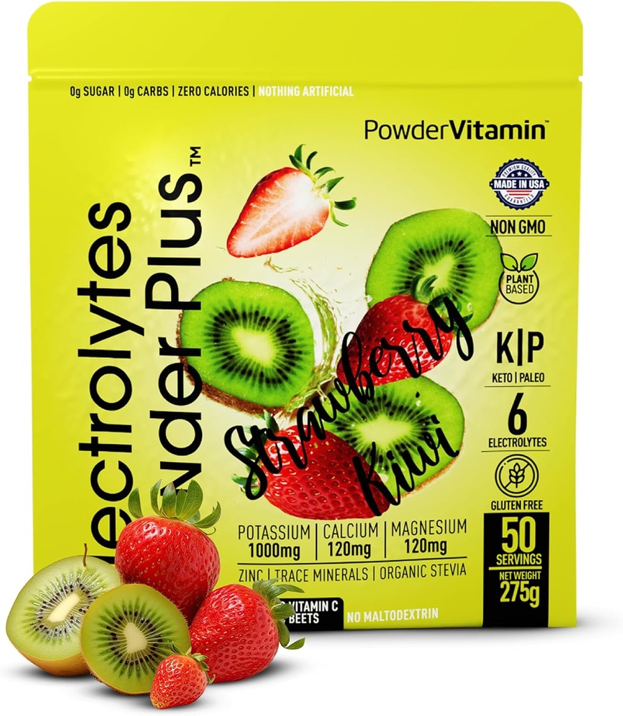 Elektrolyte Pulver Plus (50 Portionen), 0 Calorie Keto, 0 Zucker, kein Maltodextrin, 1000mg Kalium, 120mg Calcium, 120mg Magnesium, Hydration Powder (50 Portionen, Erdbeerkiwi)