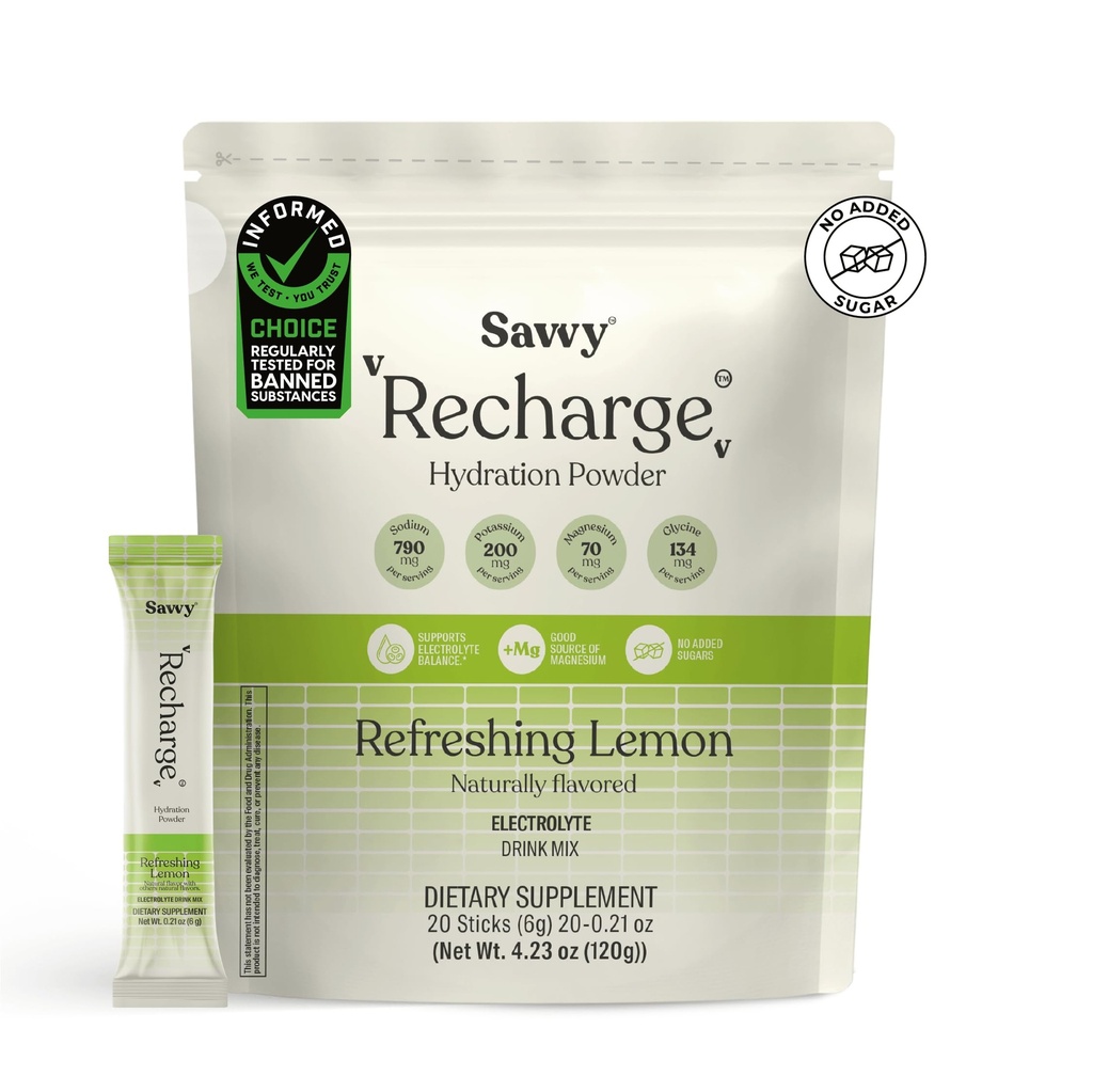 Savvy Recharge Electrolyte Powder, Sugar Free Conscious Hydration Drink with Sodium, Magnesium, Potassium & Glycine, Lemon Flavor, for Muscle Health, 20 Sachets of 6g