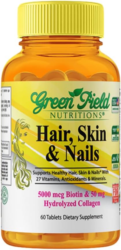 Greenfield Nutritions Halal Biotin Tablet für Erwachsene - 60 Halal Multivitamin für Haarhaut und Nägel - Hohe Potenz 5000mcg Biotin mit 50mg Collagen und Mineralien - Gelatine Glutenfrei, Non-GMO Vitamin