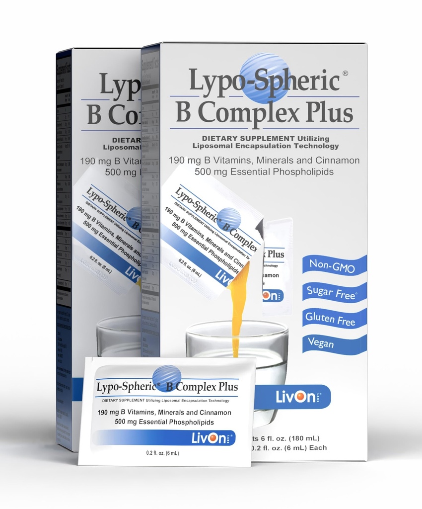 LivOn Laboratories Lypo-Spheric B Complex Plus – 30 Packets – 195 mg B Vitamins, Minerals & Cinnamon Per Packet – Liposome Encapsulated for Maximum Bioavailability – 2 Pack