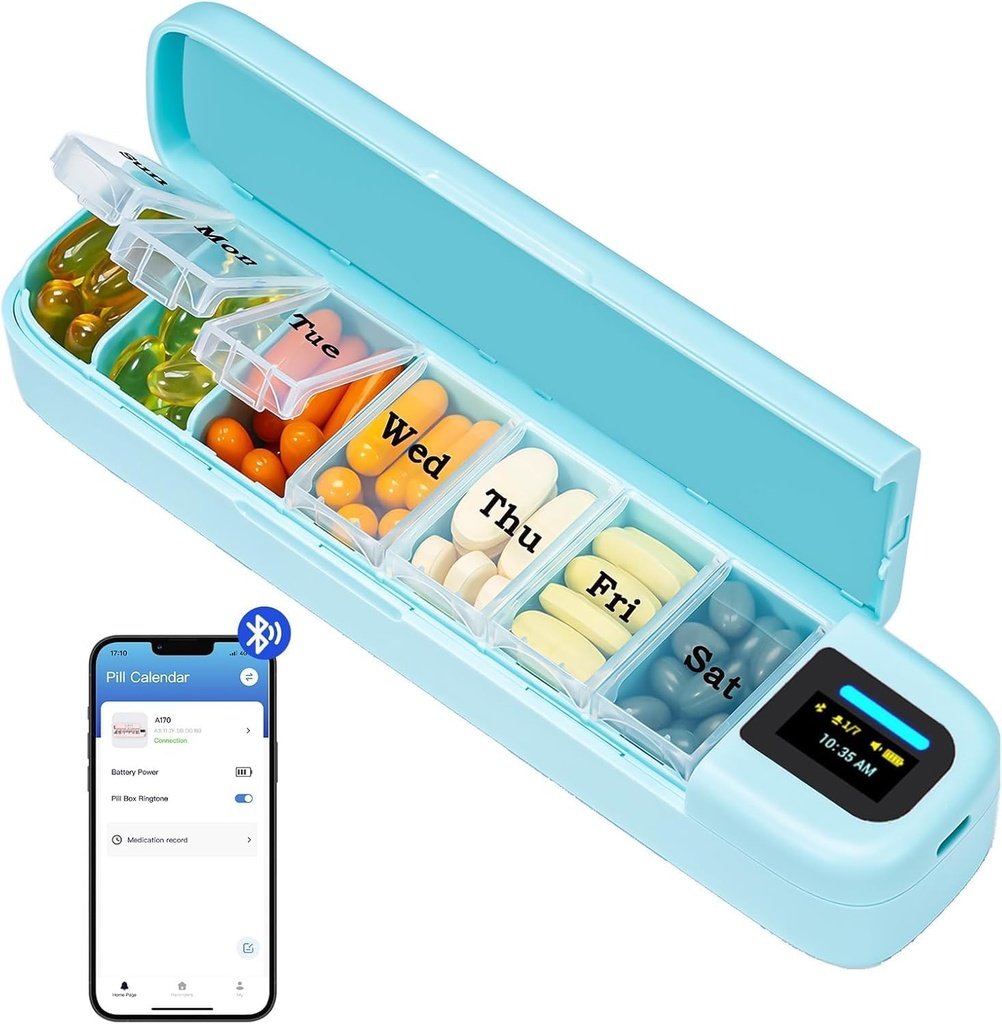 Daviky Smart Pill Organizer mit Alarm, Bluetooth Täglich Einmal ein Tag Pille Box 7 Tag mit APP, Wöchentliche Reise Pille Fall, Tragbare Pille Reminder für Medikamente, Ergänzungen und Vitamine (Grün)
