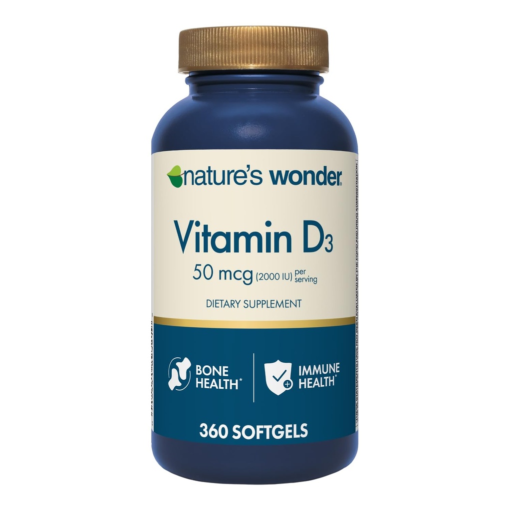 Nature's Wonder Vitamin D3 2000iu (50mcg), 1 Year Supply to Support Bone Health, Immune System, and Promotes Calcium Absorption, Gluten Free, 360 Softgels
