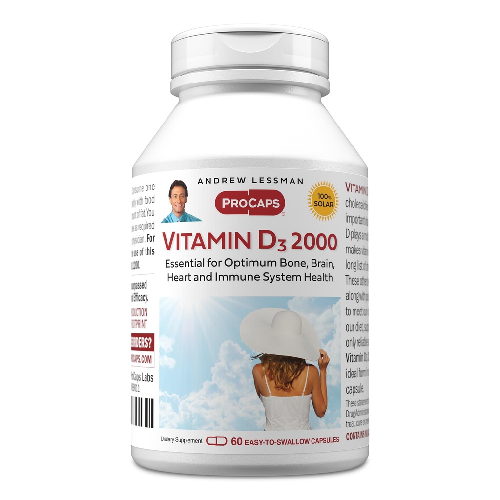 ANDREW LESSMAN Vitamin D3 2000 IU 60 Capsules - High Potency, Essential for Calcium Absorption, Supports Bone Health, Brain Health, Immune System, More. Small Easy to Swallow Capsules