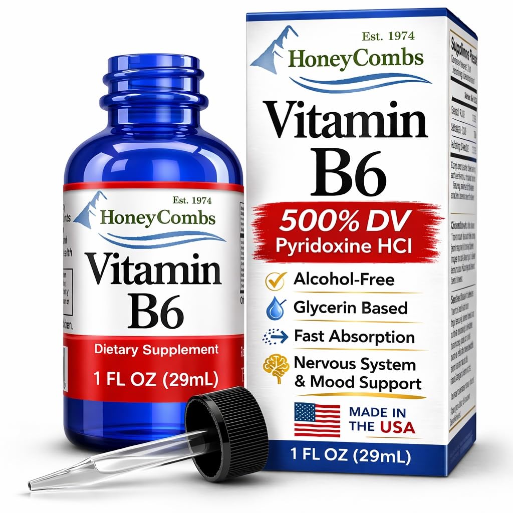 Vitamin B6 Liquid Drops, Pyridoxine HCl Supplement, 1oz | 500% DV High Potency, Energy Metabolism Support, Brain & Nervous System Support, Alcohol Free