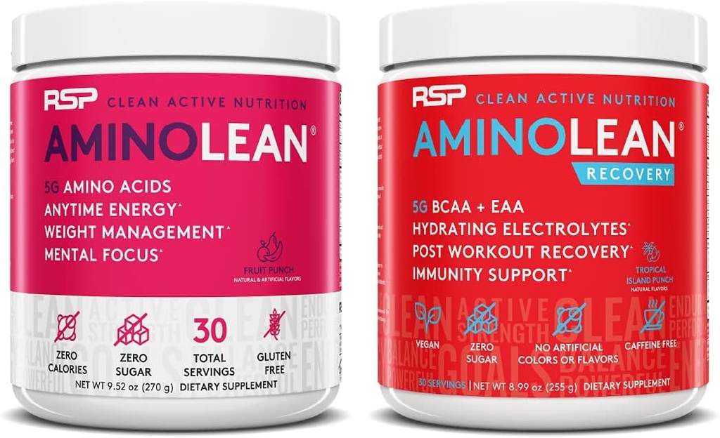 RSP NUTRITION AminoLean Pre Workout Energy (Fruit Punch 30 Servings) mit AminoLean Recovery Post Workout Boost (Tropical Island Punch 30 Servings)