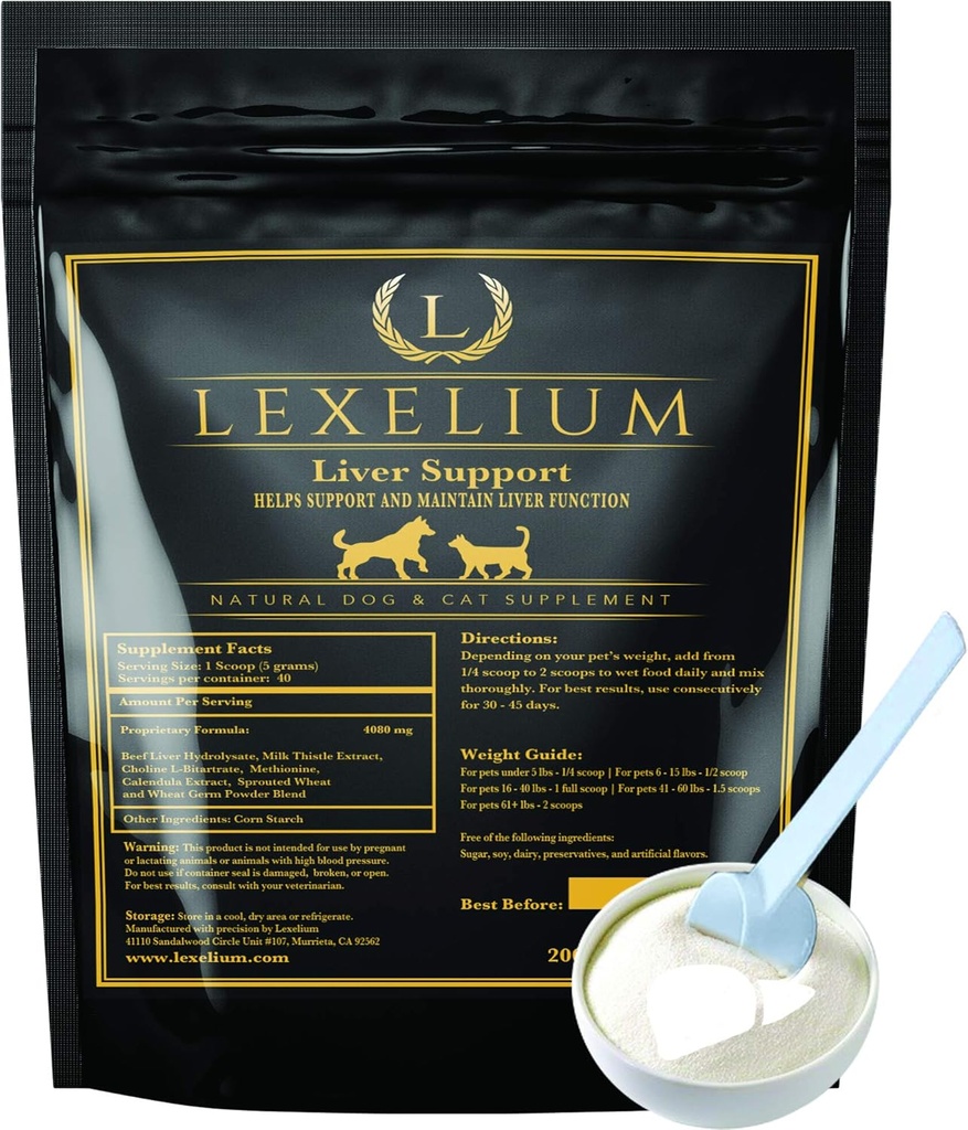 Leberunterstützung Ergänzung für Hunde und Katzen - Toll für Entgiftung und Hilft Nieren, Leber & Haut Funktion - Katzen Leberunterstützung - Milchdistel + Lysin + Choline Bitartrate + Methionin – 200g