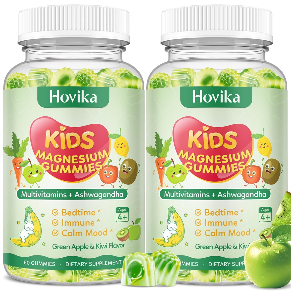2 Pack Center-Filled Magnesium Glycinate Gummies for Kids - Magnesium Supplement Gummes with L-Theanine, Chamomile & Multivitamins for Sleep, Calm & Focus, Melatonin-Free - Green Apple & Kiwi, 60 CT