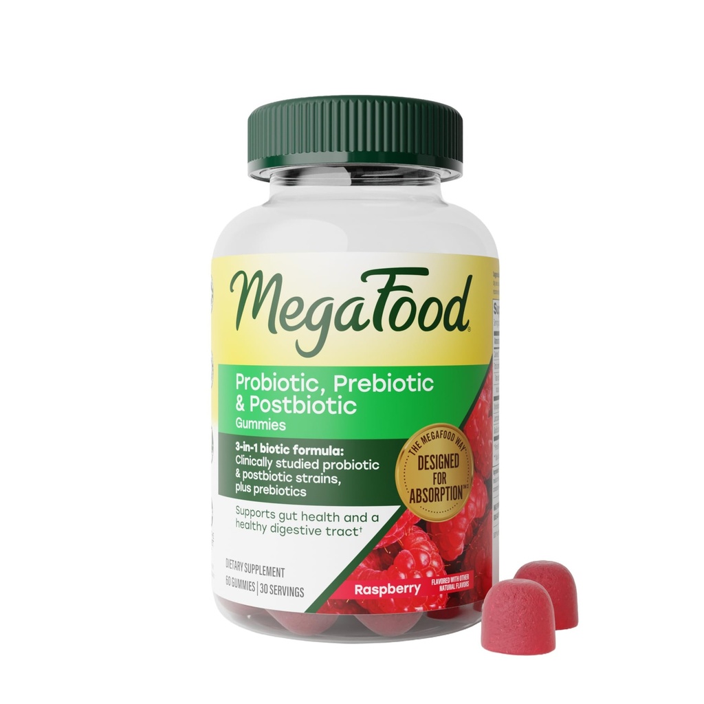MegaFood Probiotic, Prebiotic & Postbiotic Gummies; 3-in-1 Digestion Support & Gut Health Probiotics for Women & Men; Prebiotic Fiber Gummies for Adults; Vegan; Raspberry Flavor; 60ct, 30 Servings