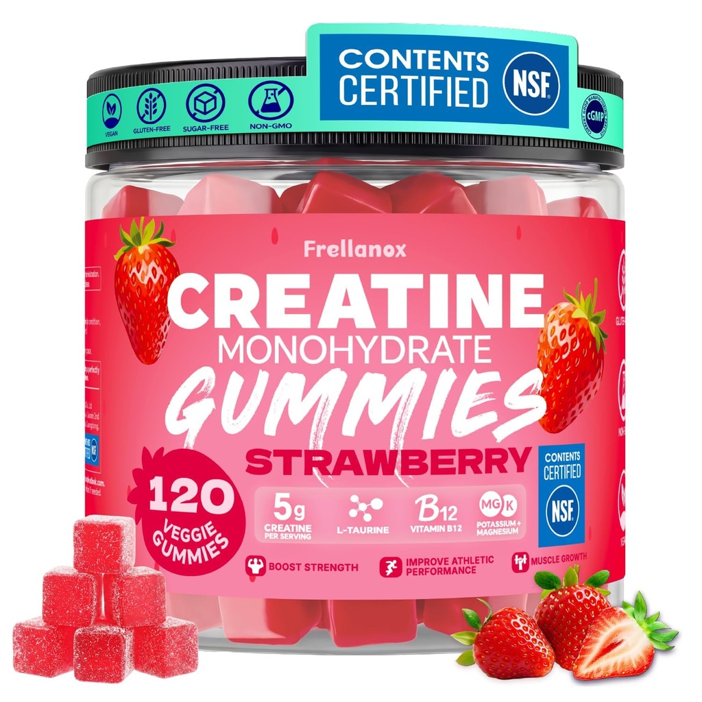 Creatine Monohydrate Gummies 5000mg for Women & Men - Creatine Gummies with B12, Supports Muscle Strength, Energy & Workout Recovery - Strawberry Flavor, Sugar Free, Vegan, 120 Count