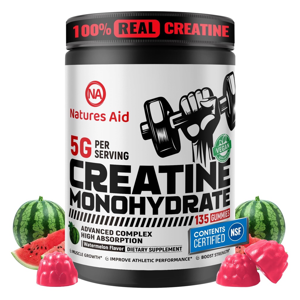 Natures Aid NSF Certified Creatine Gummy 5g - Creatine Monohydrate Gummies – Pre-Workout Energy & Muscle Growth Support for Men & Women | Watermelon Electrolyte Gummies (135 Count)