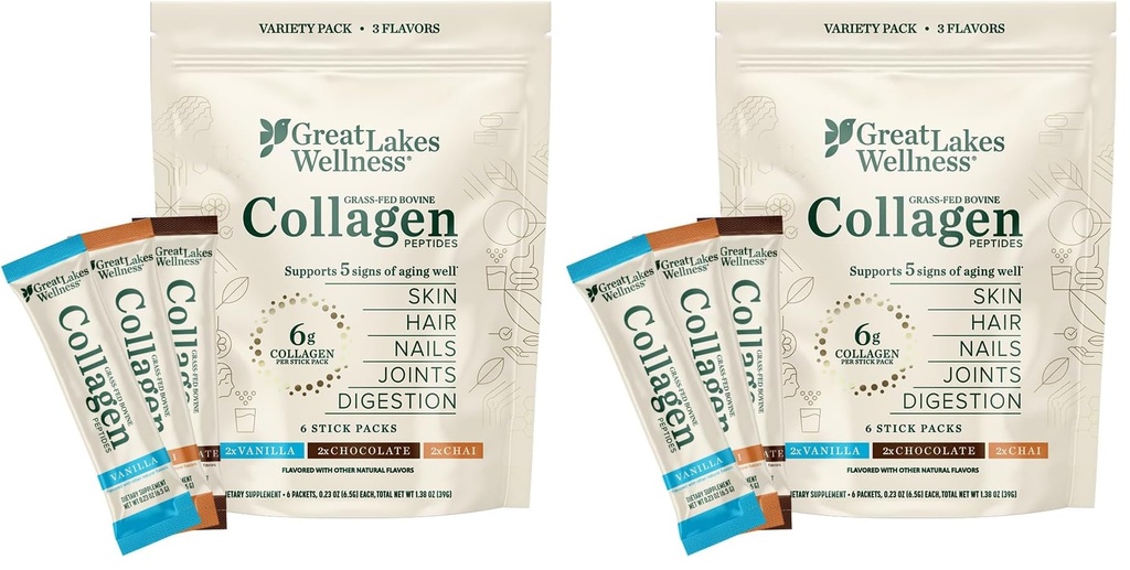 Great Lakes Wellness Collagen Peptides Powder for Skin, Hair, Nails, Joints & Digestion - Variety Flavors - Quick Dissolve Hydrolyzed, Non-GMO, Kosher - 6 Sticks - Packaging May Vary (Pack of 2)