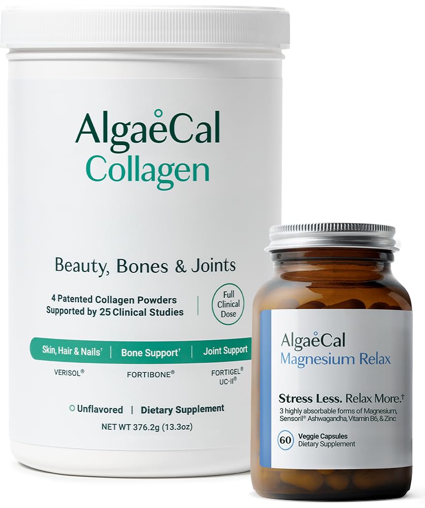 AlgaeCal Magnesium Relax™ - Chelated Magnesium with Ashwagandha for Sleep & Stress and AlgaeCal Collagen: 4 Clinically-Supported Peptides VERISOL®, FORTIGEL®, UC-II®, FORTIBONE®