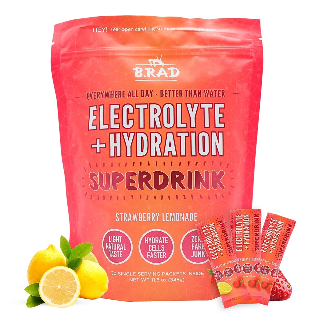 B.rad Super Drink Electrolyte & Hydration Powder - Electrolyte Drink Powder with Creatine & Vitamin C - Strawberry Lemonade with Brain & Muscle Support for Energy & Recovery- 30 Single-Serving Packets