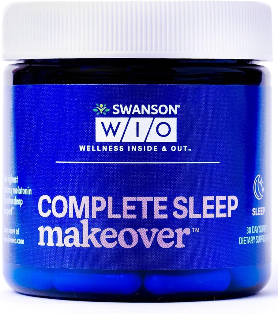 Swanson WIO Complete Sleep Makeover for Better Sleep, Relax, Relaxation, Extra Strength Circadian Sleep Cycle Support, Melatonin 10 mg, Wellness - 4 oz Bottle, 30 Capsules (30-Day Supply)