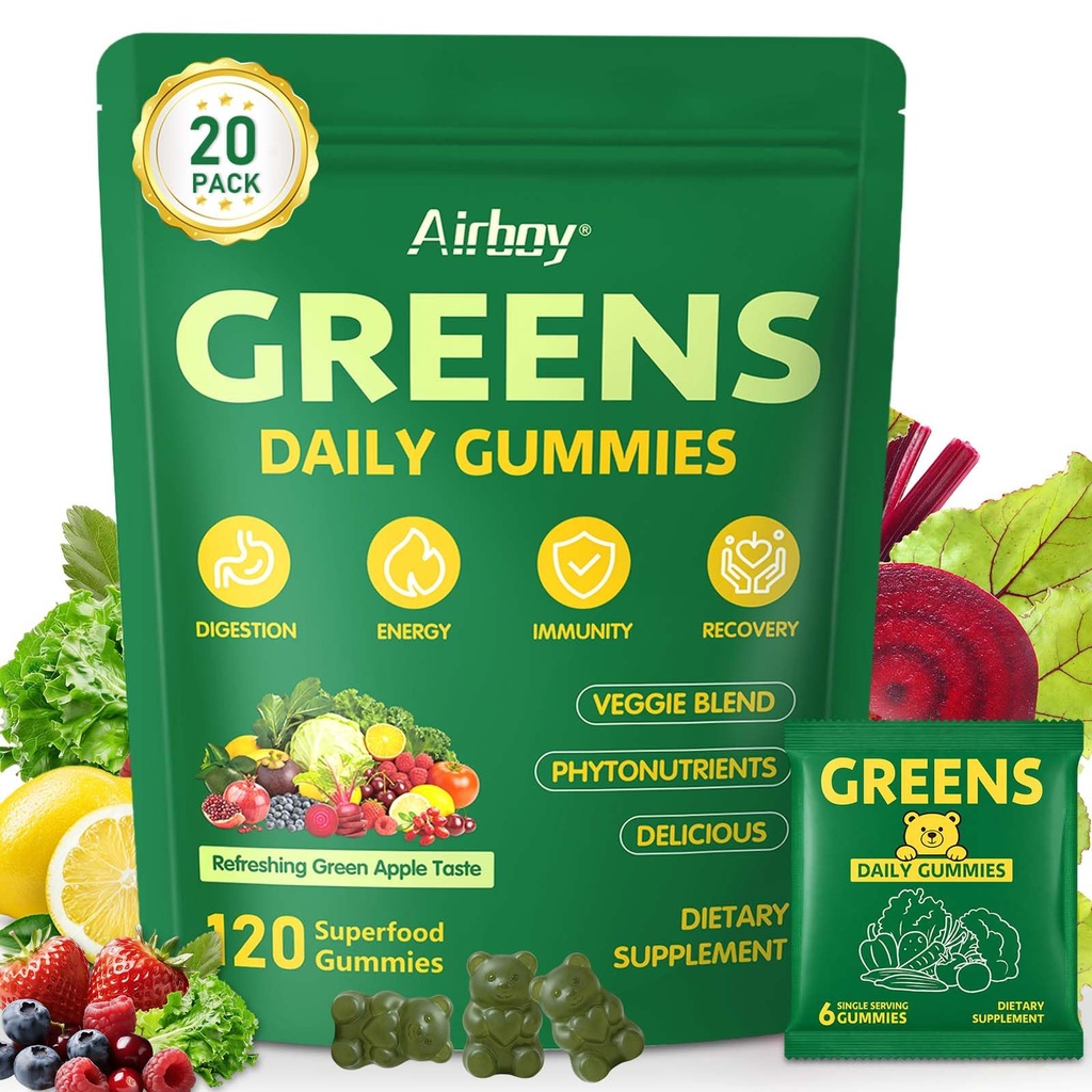 Greens Daily Gummies, Super Greens Multivitamin Gummy for Women and Men, Superfood Gummies with Spirulina, Chlorella, Adaptogens,Fruits, Vegetables, Support Digestion Gut Health - 20 Servings