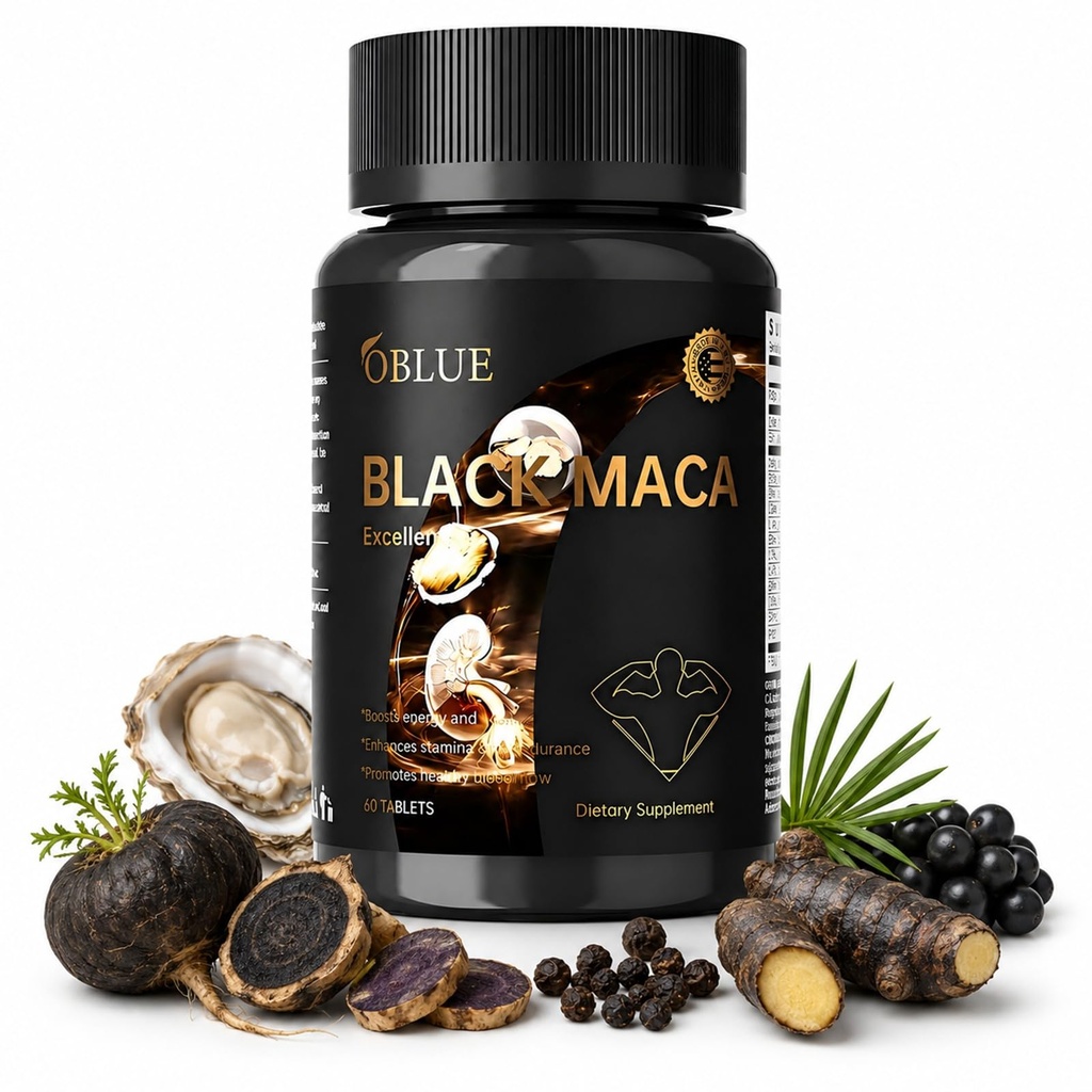 OBLUE Black Maca Excellence Supplement for Men, 800mg Black Maca Root Extract, Oyster, Saw Palmetto, Epimedium, Zinc & B12, Mens Vitality Supplements, Supports Natural Energy, Stamina & Performance