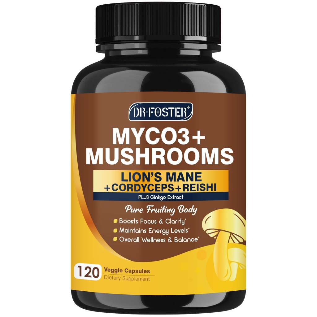 DRFOSTER Lions Mane Supplement Capsules - MYCO3+ Mushrooms with Cordyceps, Reishi & Ginkgo Biloba for Brain & Energy - 120 Caps