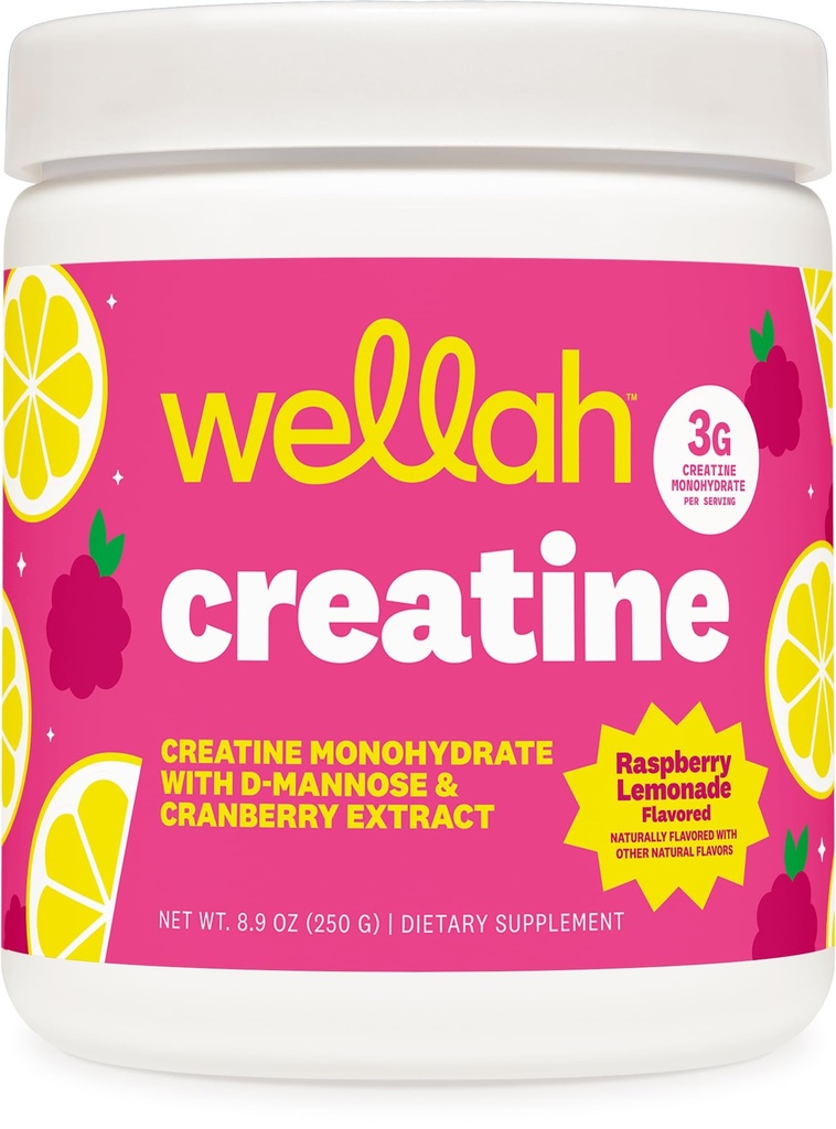 Wellah Creatine for Women (50 Servings) Raspberry Lemonade - 3g of Creatine Monohydrate Powder with D-Mannose & Cranberry Extract