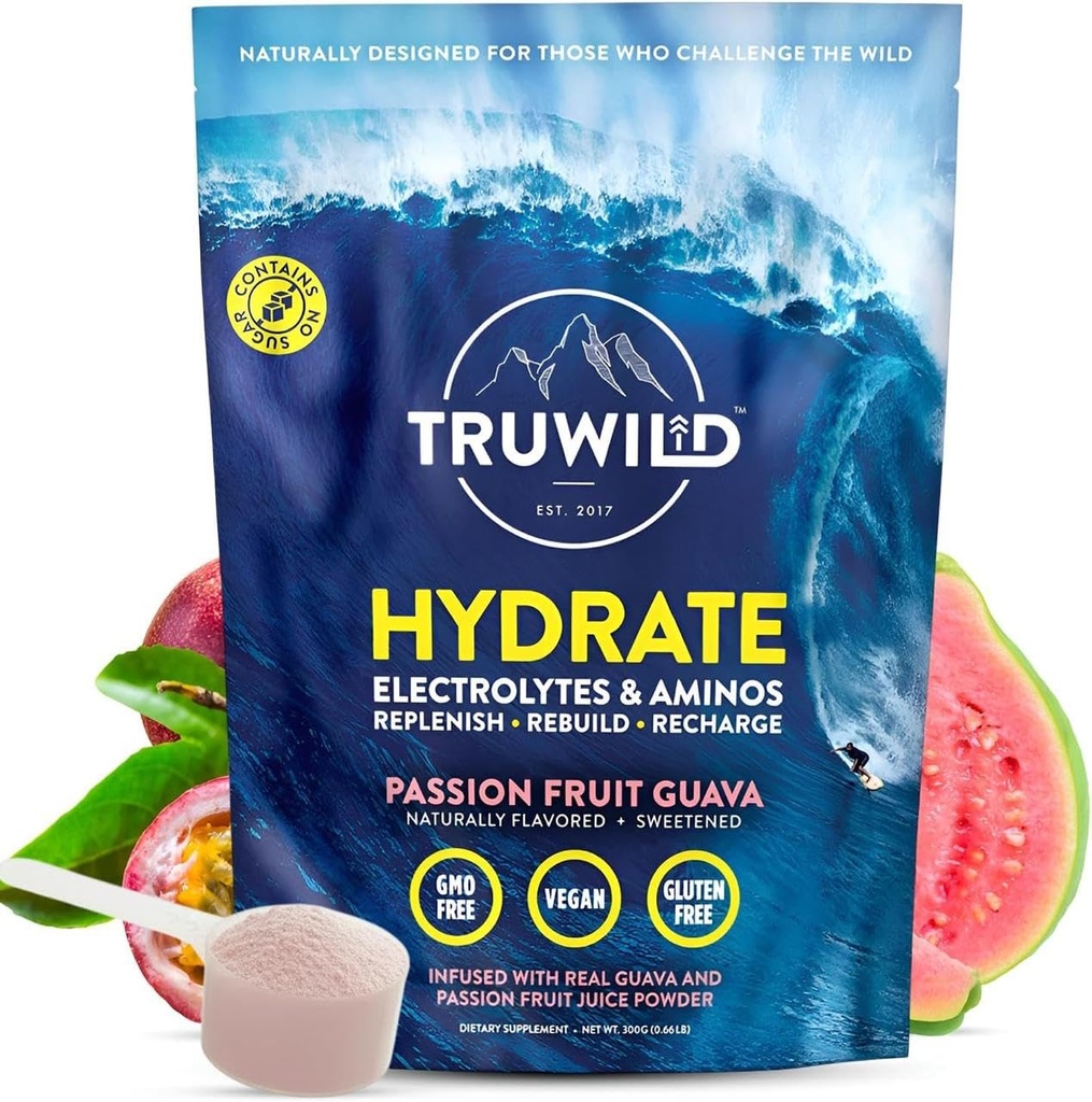 TruWild Natural Hydration Powder with Zero Sugar, Vegan Electrolytes + Amino Acids, Recovery Drink for Everyday Use, Post Workout Muscle Support Supplement with Magnesium (Passionfruit Guava)