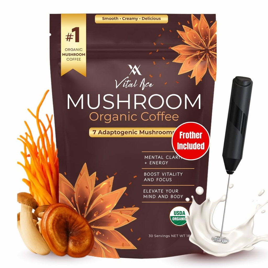 Vital Ace Organic Mushroom Coffee Blend w/Lion's Mane & 7 Adaptogens | Better Energy, Focus, Immunity & Gut Health - Instant Coffee Blend with Cordyceps, Reishi & More - 30 Servings + Free Frother