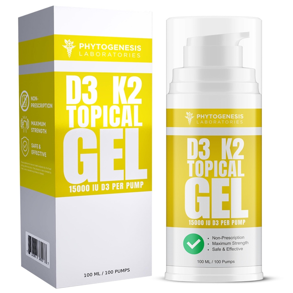 Vitamin D3 K2 Maximum Strength Topical Gel - 15000+ IU pro Pumpe - Das Sonnenschein Vitamin - unterstützt Knochen & Gelenkgesundheit, Immununterstützung - Ein Monat Versorgung